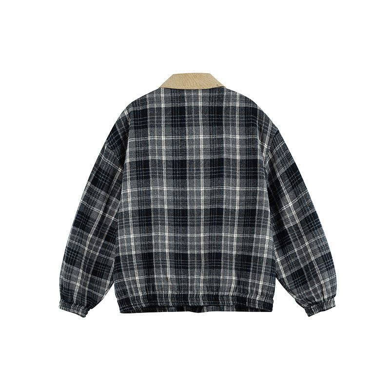 Unisex Kariertes Boxy-Überhemdjacke mit Cordkragen, verdecktem Reißverschluss und aufgesetzten Klappentaschen Drune