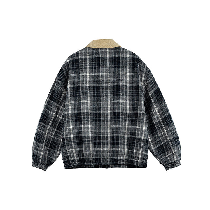 Unisex Kariertes Boxy-Überhemdjacke mit Cordkragen, verdecktem Reißverschluss und aufgesetzten Klappentaschen Drune