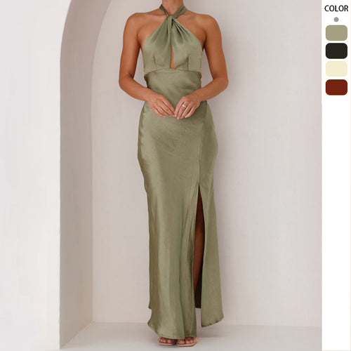 Damen Maxikleid mit elegantem Halterneck-Design und fließendem Satin-Finish Drune