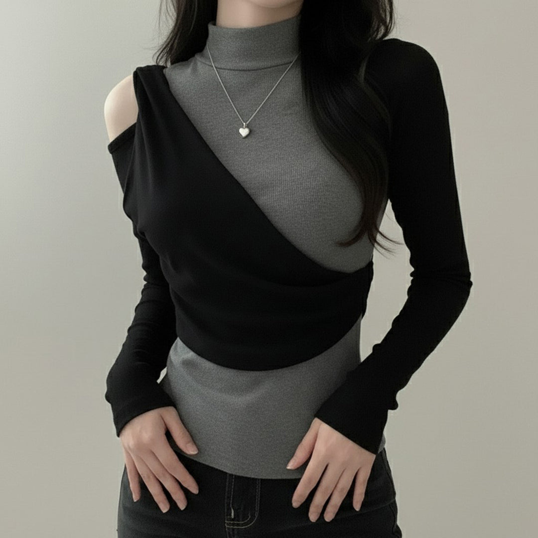 Damen Asymmetrisches Langarmtop mit Stehkragen, Cut-Out‑Schulter und Lagenoptik Drune