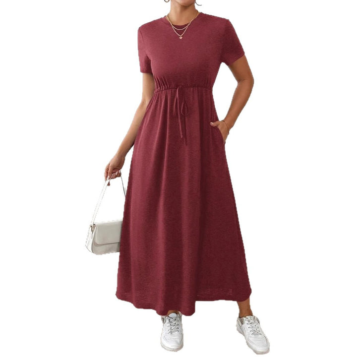 Damen lässiges Maxikleid mit elastischem Taillenbund und Rundhalsausschnitt Drune