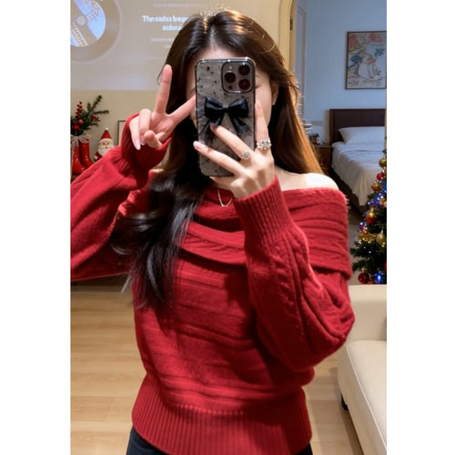 Damen Off-Shoulder Strickpullover mit Rippstruktur Drune