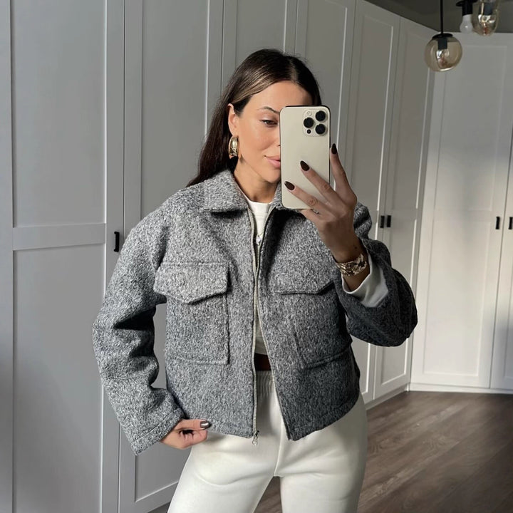 Damen Oversize-Shacket aus Wollmix mit Reißverschluss und aufgesetzten Pattentaschen Drune