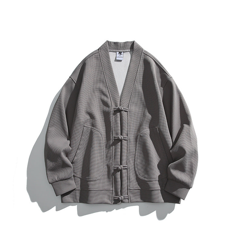 Herren weit geschnittene Kimono-Jacke im Hanfu-Stil mit Kordelverschlüssen und aufgesetzten Taschen Drune