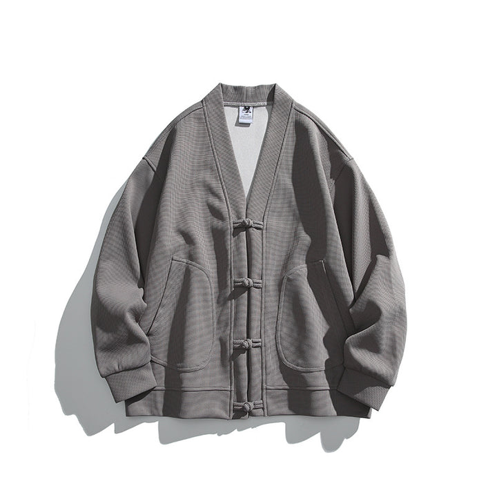 Herren weit geschnittene Kimono-Jacke im Hanfu-Stil mit Kordelverschlüssen und aufgesetzten Taschen Drune
