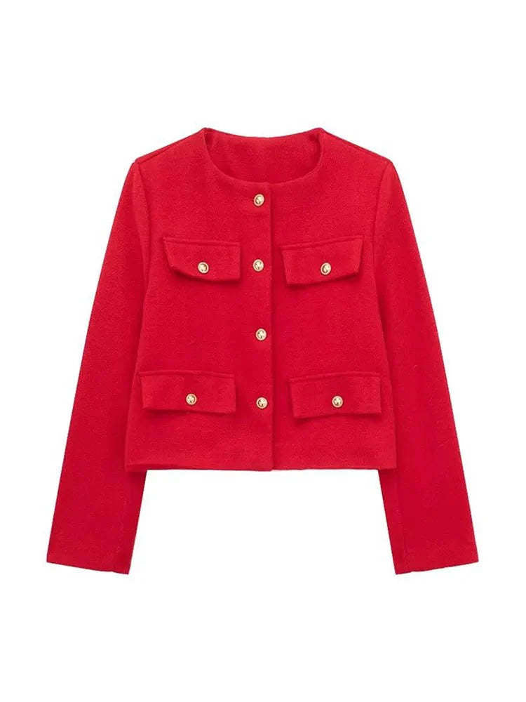 Damen Kurzjacke im Bouclé-Style mit Rundhalsausschnitt, Zierknöpfen und aufgesetzten Pattentaschen Drune