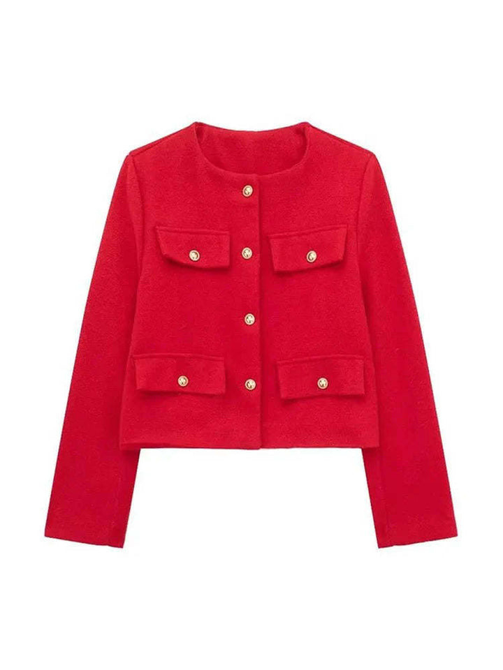 Damen Kurzjacke im Bouclé-Style mit Rundhalsausschnitt, Zierknöpfen und aufgesetzten Pattentaschen Drune