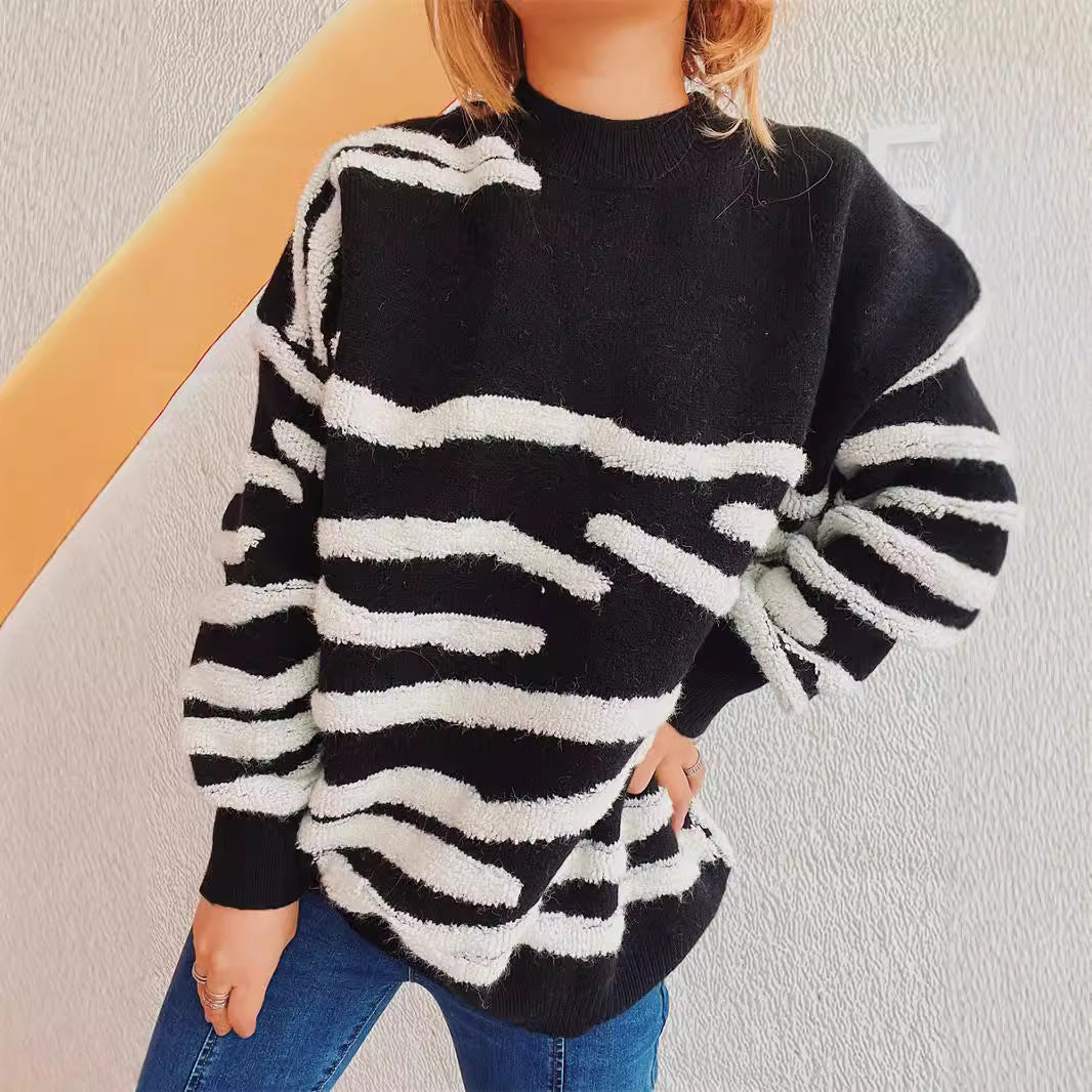 Damen gemütlicher Strickpullover mit ansprechendem Zebrastreifenmuster Drune