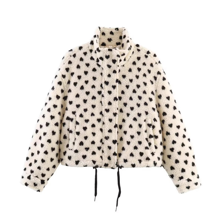 Damen Gefütterte Teddyjacke mit Herzchen-Allover, Stehkragen und Tunnelzug Drune