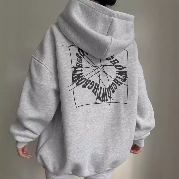 Damen Oversized Kapuzenpullover mit abstraktem Rückenprint und gerippten Bündchen Drune