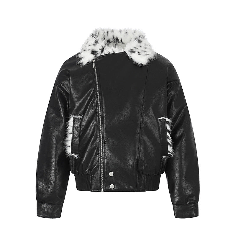 Damen Kunstleder-Bomberjacke mit asymmetrischem Reißverschluss und kontrastierendem Faux-Fur-Kragen Drune
