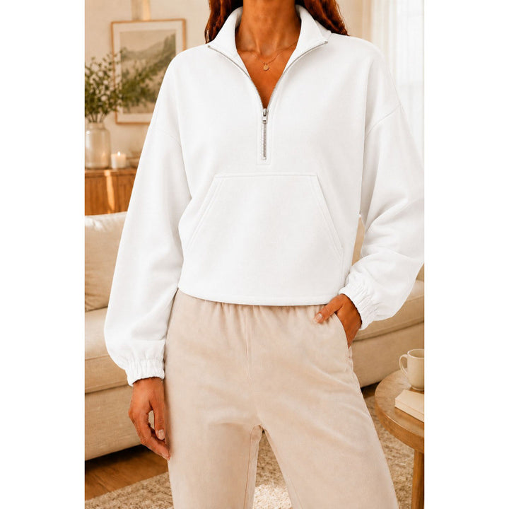 Damen Kurz geschnittener Sweatshirt-Pullover mit halbem Reißverschluss und Kängurutasche Drune