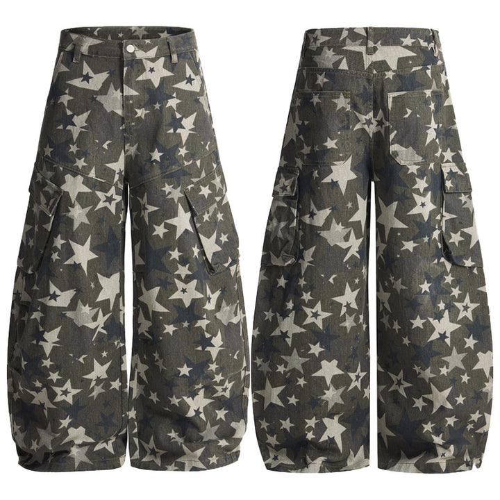 Herren weite Cargo-Palazzo-Hose mit allover Sternen-Print und Utility-Taschen Drune