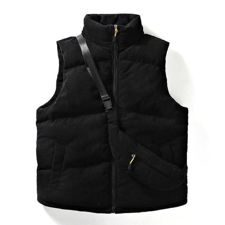 Herren Gesteppte Cord-Ärmellose Thermoweste mit Stehkragen und integrierter Crossbody-Tasche Drune