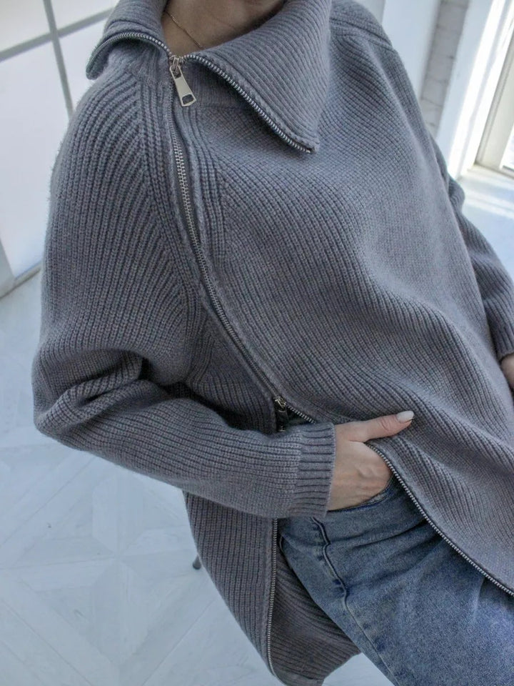 Damen Oversized Pullover mit asymmetrischem Reißverschluss und hochgeschlossenem Kragen Drune