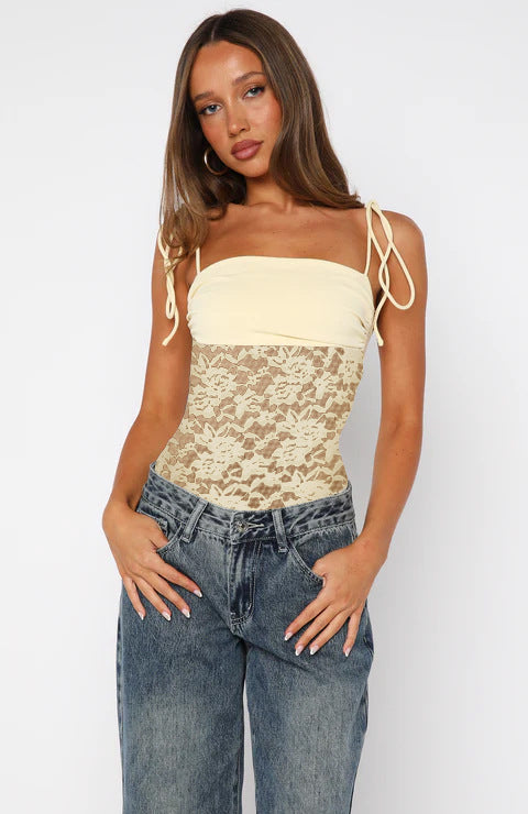 Damen Spitzen-Top mit Spaghettiträgern und verstellbarem Bindedetail Drune