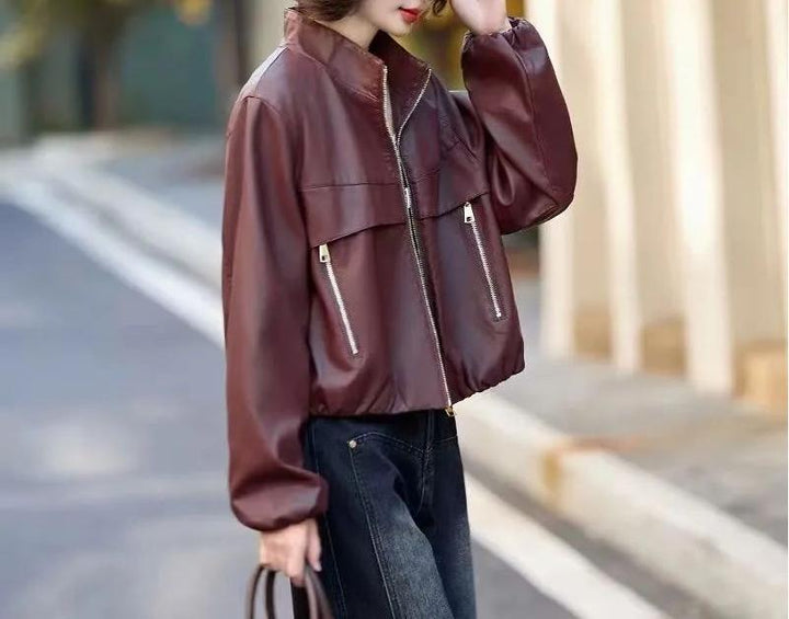 Damen Modische und edgy Lederjacke mit hohem Kragen und doppelt genähten Nähten Drune