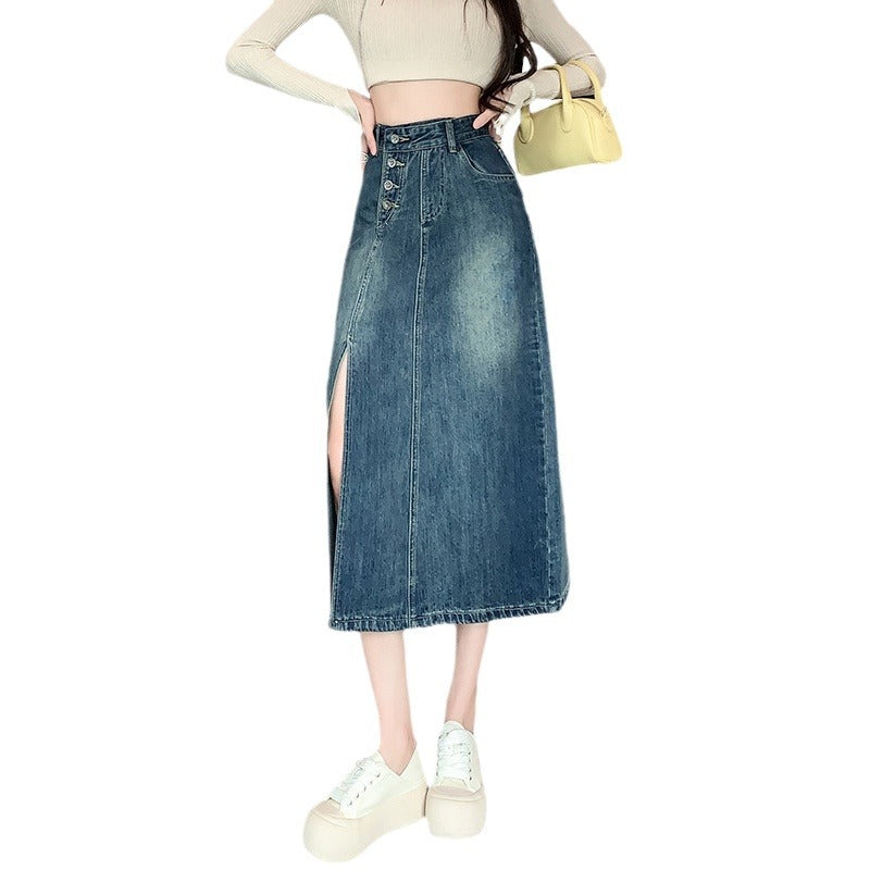 Damen Langer Denim-Rock mit Frontschlitz Drune