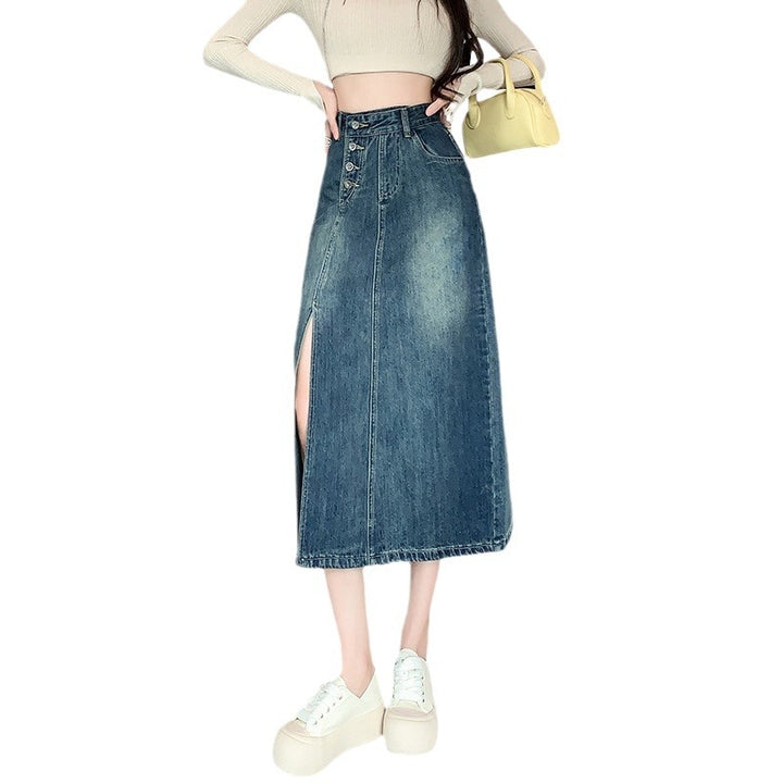 Damen Langer Denim-Rock mit Frontschlitz Drune