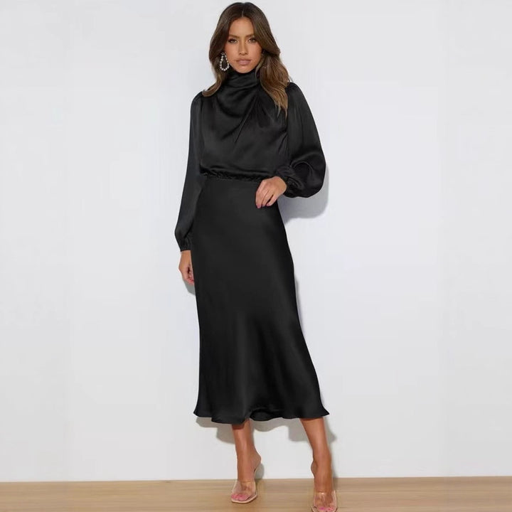 Damen Elegantes Satin-Midikleid mit Stehkragen, Blouson-Oberteil und fließendem Rock Drune