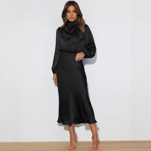 Damen Elegantes Satin-Midikleid mit Stehkragen, Blouson-Oberteil und fließendem Rock Drune