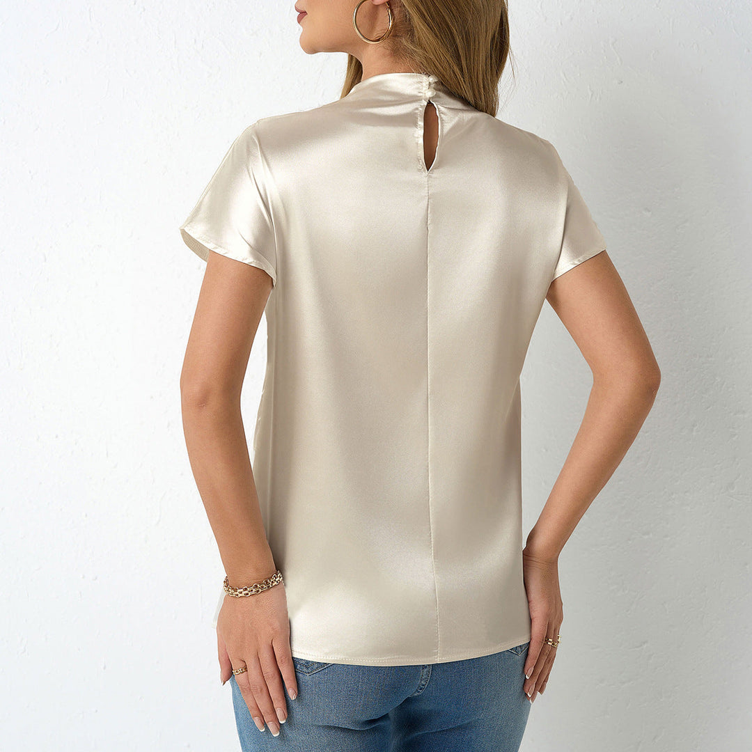 Damen elegante Satin Bluse mit Stehkragen Drune