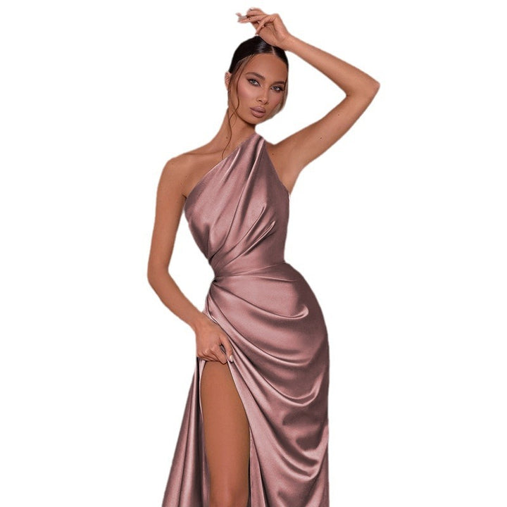 Damen Elegantes One-Shoulder Maxikleid mit drapiertem Design und hohem Schlitz Drune