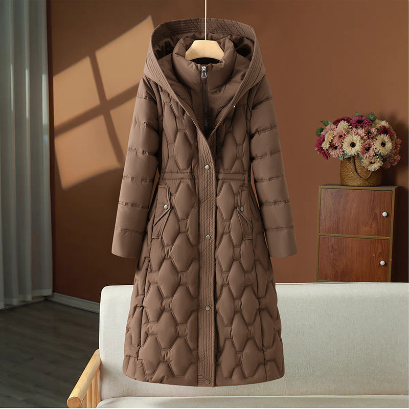 Damen nan langer gesteppter Wintermantel mit Kapuze und taillierter Silhouette Drune