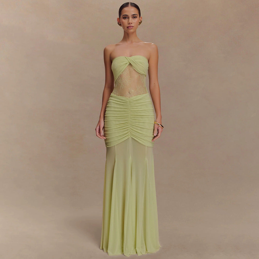 Damen Elegantes Maxikleid mit raffiniertem Spitzen-Einsatz und Raffung Drune