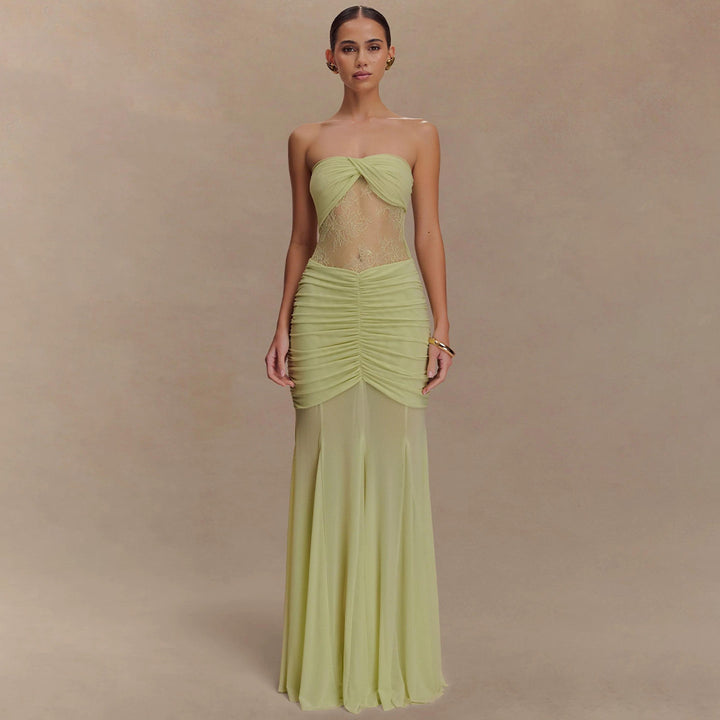 Damen Elegantes Maxikleid mit raffiniertem Spitzen-Einsatz und Raffung Drune