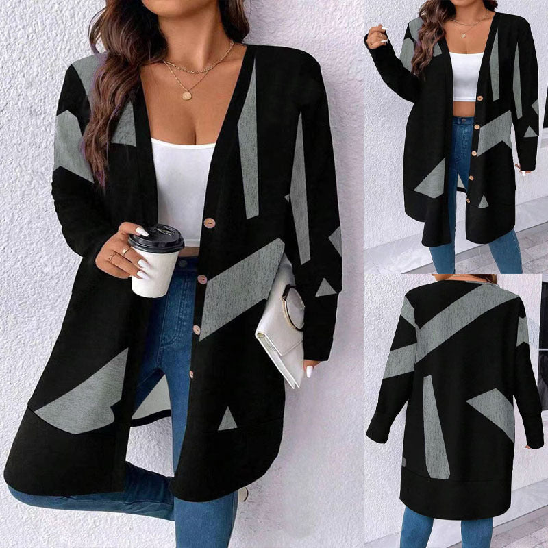 Damen Oversize-Strickcardigan mit geometrischem Print, Knopfleiste und aufgesetzten Taschen Drune