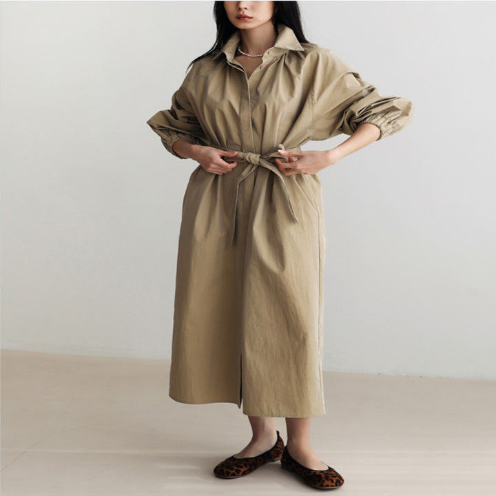 Damen Hemdkleid mit Taillengürtel, Stehkragen und Ballonärmeln Drune