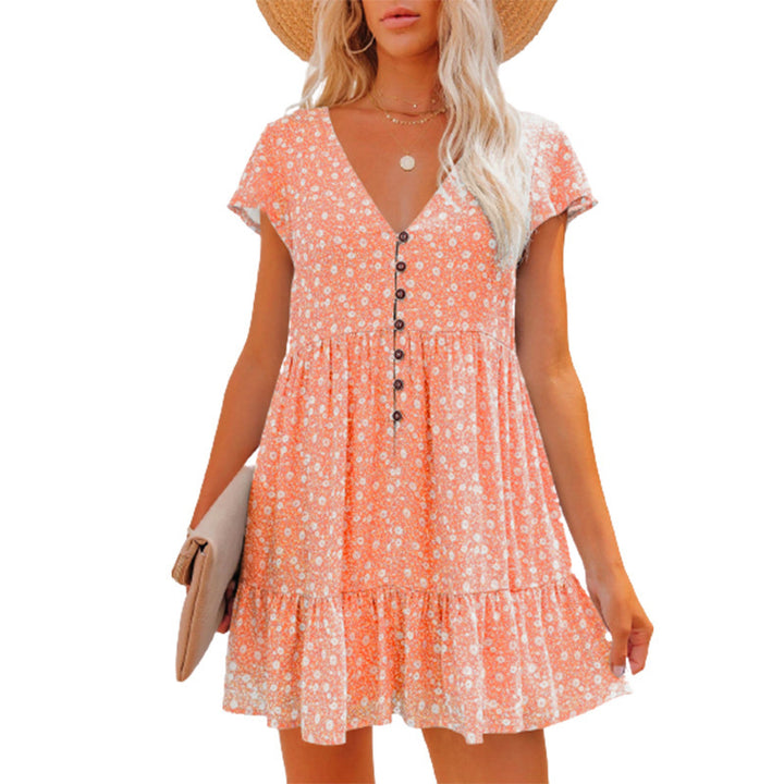 Damen Blümchen Kleid mit Knopfleiste und Volantdetails Drune