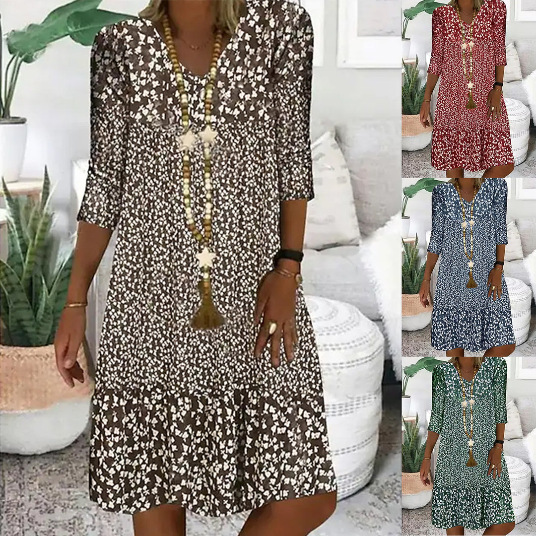 Damen Lockeres Midi-Kleid im Boho-Stil mit V-Ausschnitt, Dreiviertelärmeln und gestuftem Saum Drune