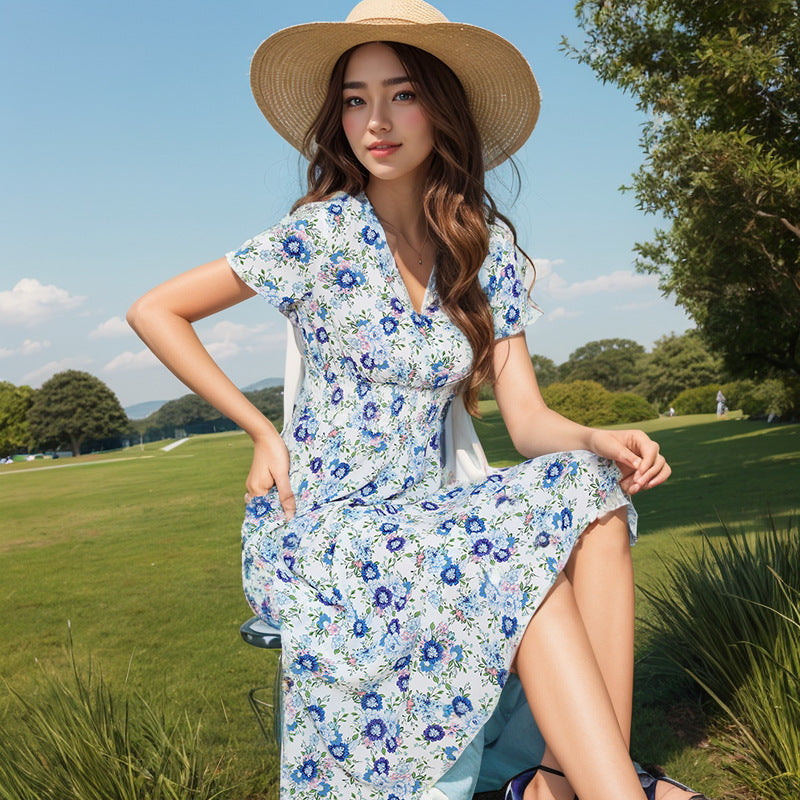 Damen Elegantes Maxikleid mit floralen Akzenten und leichtem V-Ausschnitt Drune