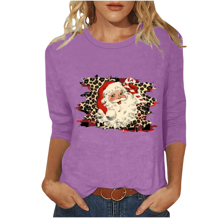 Damen nan lässiges Sweatshirt mit Retro-Weihnachtsmann-Print, Leoparden- und Karomuster und dreiviertelärmel Drune