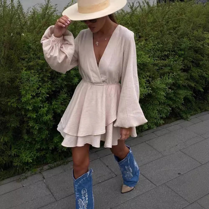 Damen Luftiges Wickelkleid mit Volantstufen und Ballonärmeln Drune
