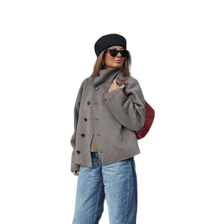 Damen Kurzer Wollmix-Mantel mit asymmetrischer Knopfleiste und hohem Stehkragen Drune