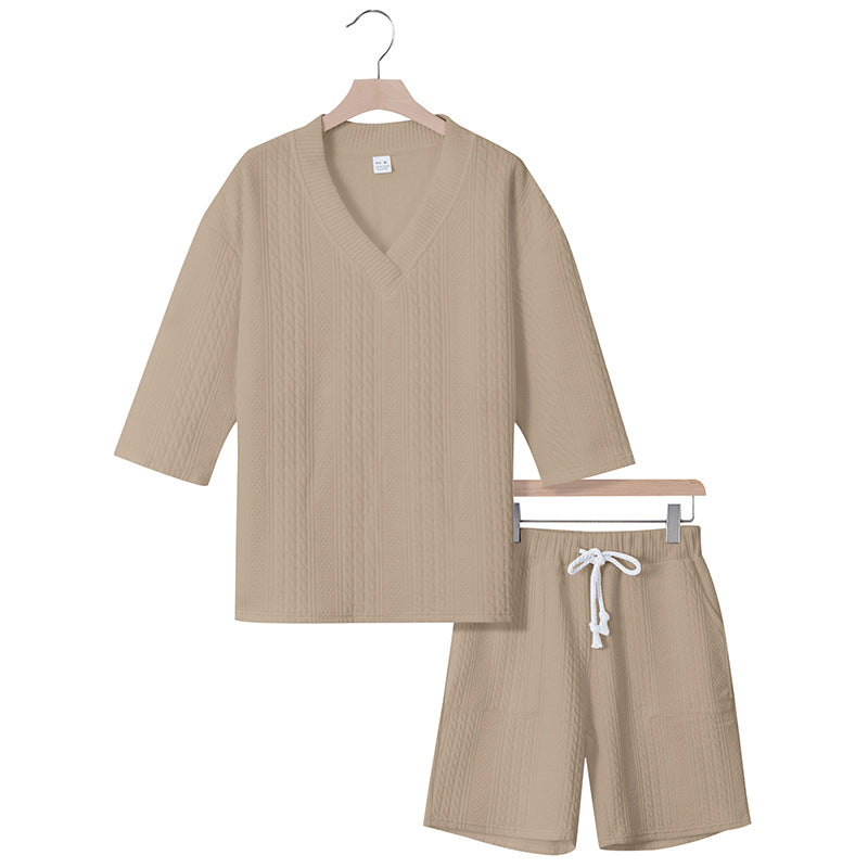 Unisex nan lässiges Lounge-Set mit V-Ausschnitt-Oberteil und Kordelbund-Shorts Drune