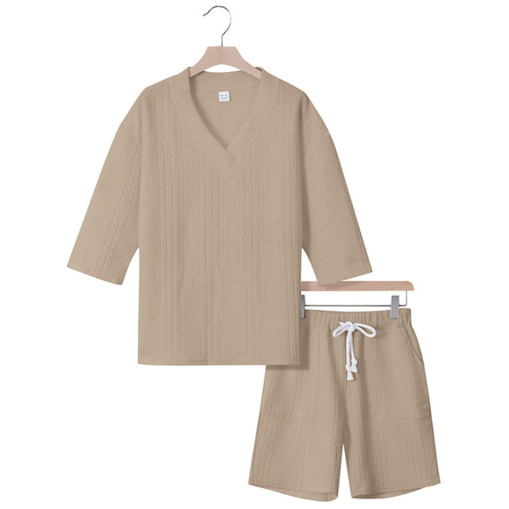 Unisex nan lässiges Lounge-Set mit V-Ausschnitt-Oberteil und Kordelbund-Shorts Drune