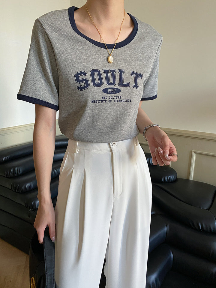 Damen T-Shirt mit kontrastierendem Rundhalsausschnitt und stylischem Schriftzug Drune