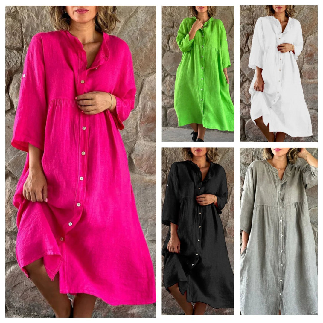 Damen Locker Midi Kleid aus Leinenmischung mit durchgehendem Knopfleiste und Seitentaschen Drune