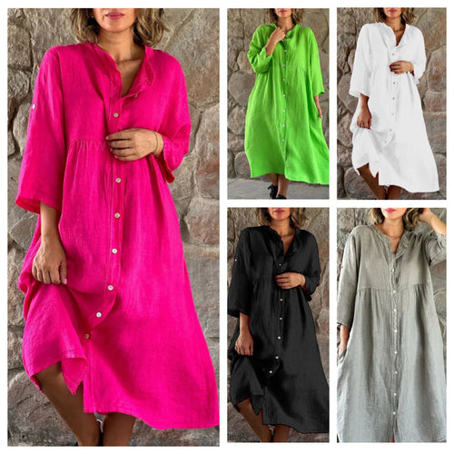 Damen Locker Midi Kleid aus Leinenmischung mit durchgehendem Knopfleiste und Seitentaschen Drune