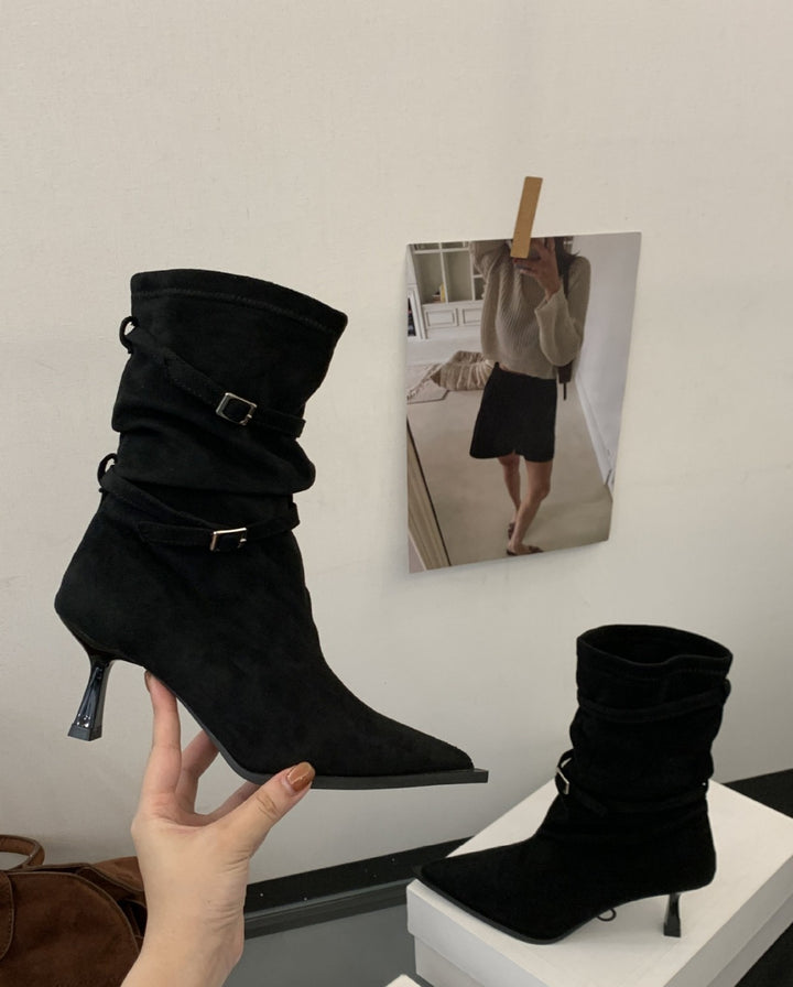 Damen elegante Stiefeletten aus süßem Wildleder mit schickem Falten-Design und kitten Absatz Drune