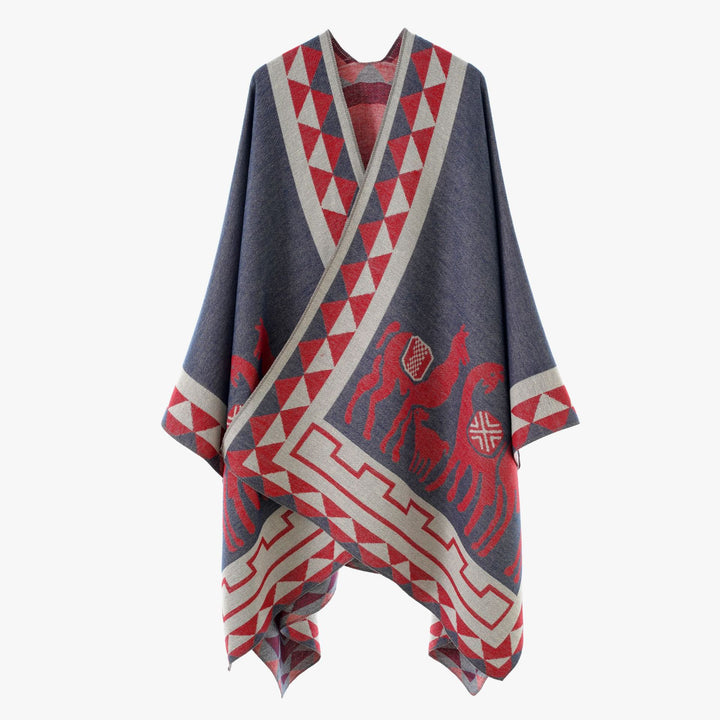 Damen Jacquard-Poncho mit Reitmotiv und geometrischem Bordürenmuster Drune