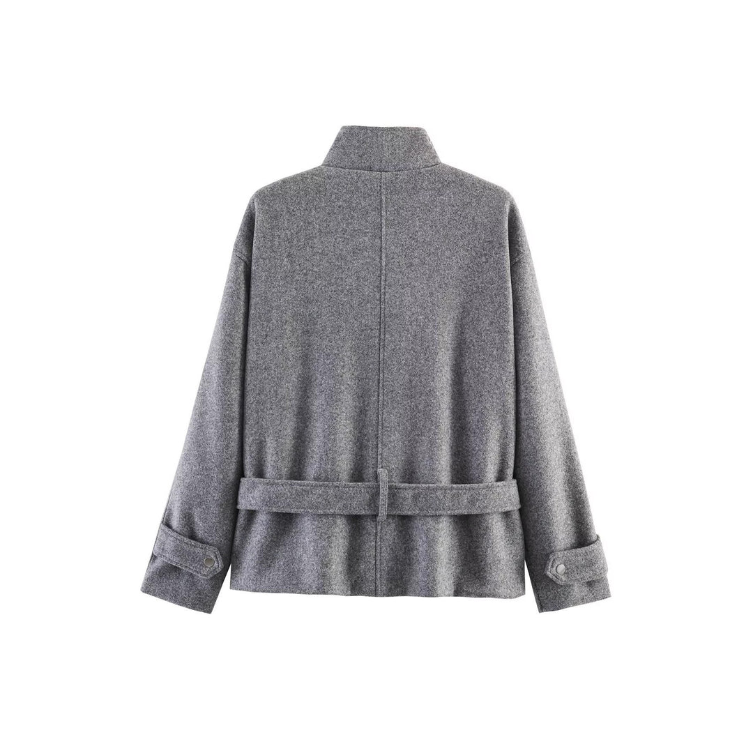 Damen Kurze Wollmix-Übergangsjacke mit Taillengürtel und Stehkragen Drune