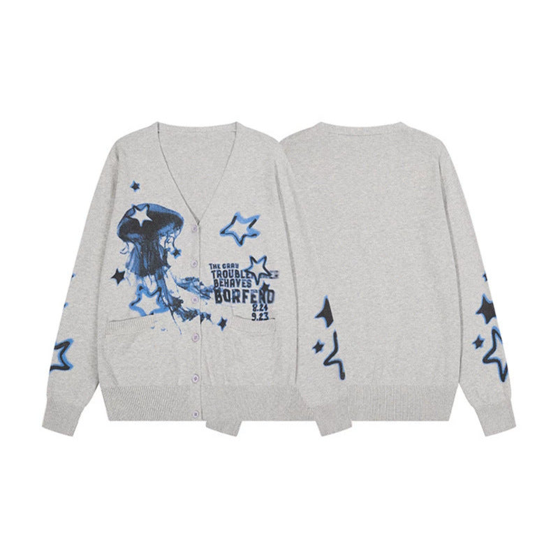 Damen Geknöpfte V‑Neck Strickjacke mit Allover-Print, Eingrifftaschen und geripptem Saum Drune