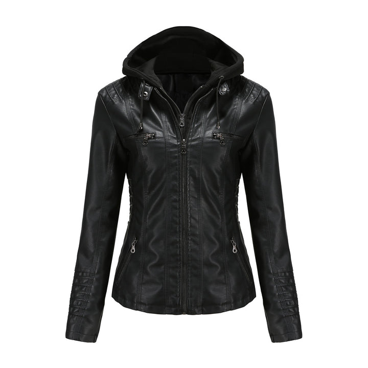 Damen nan taillierte Kunstlederjacke mit Kapuze, gesteppter Armblende und verdeckten Reißverschlusstaschen Drune