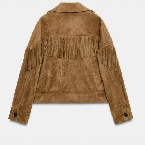 Damen Cropped Velours-Fransenjacke mit Reverskragen Drune