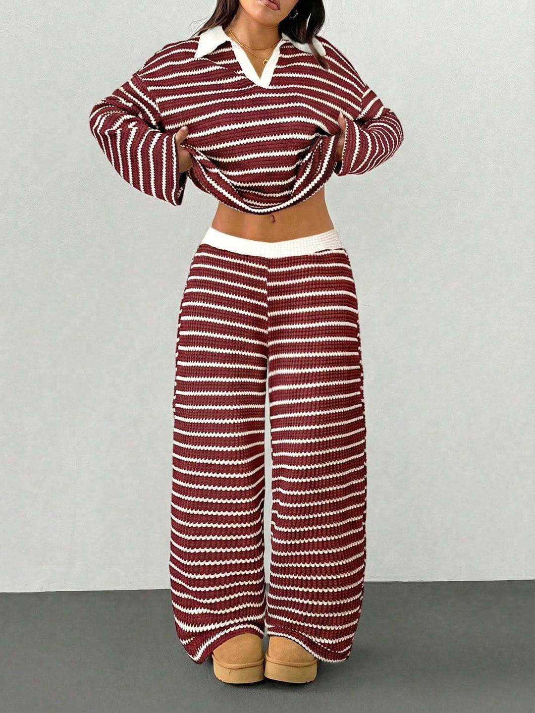Damen Gestreiftes Strick-Set aus Polokrippenpullover und weiten Palazzo-Strickhose Drune
